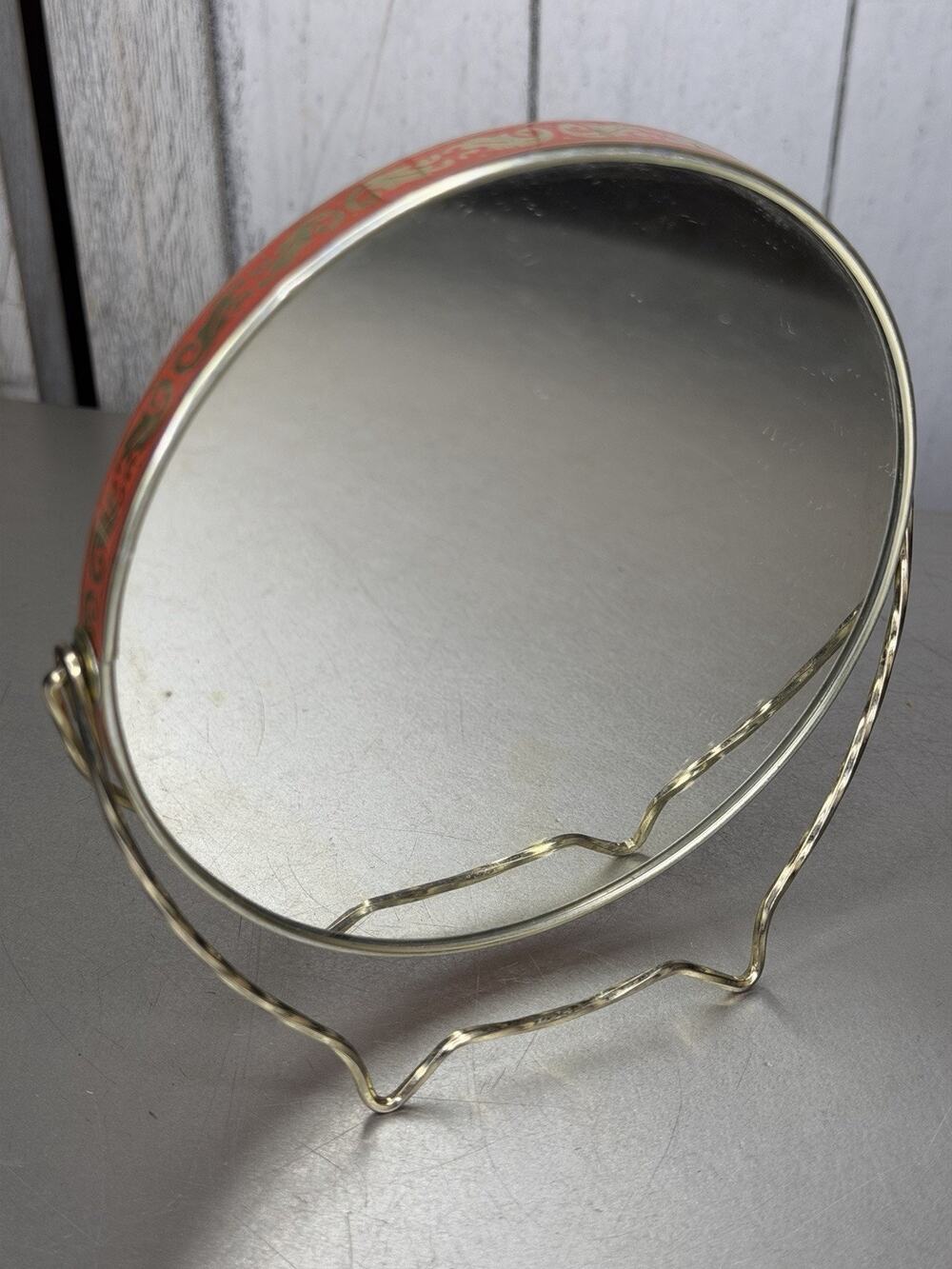 Vintage Mirror Table Top Floral Coral Metallic Edge Double Sided Hollywood Glam
